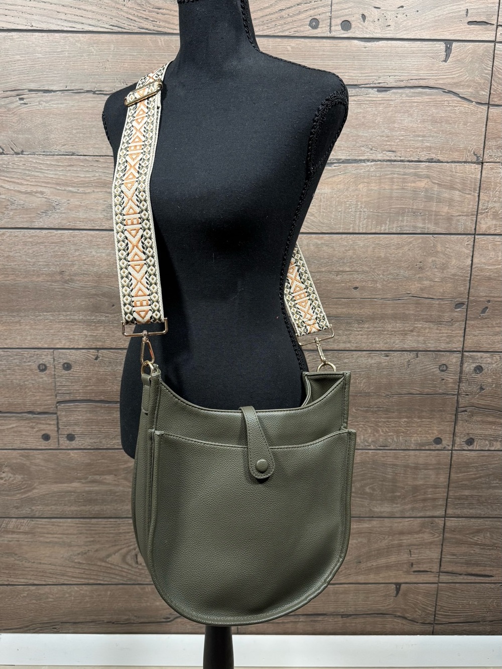 Olive Green Women's Crossbody Bag with Patterned Removable Strap